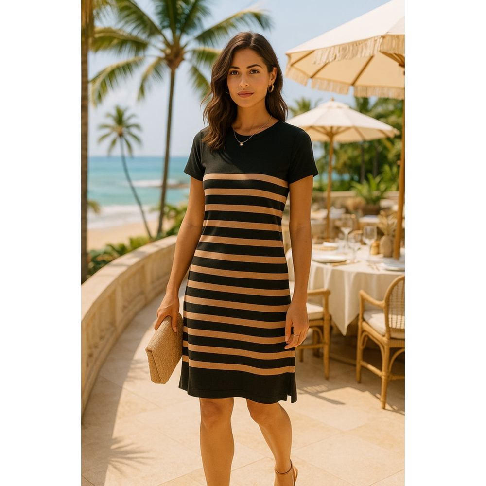 J. Crew Black and Tan Striped Midi Dress